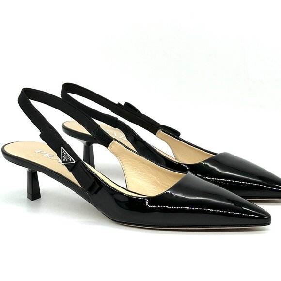PRADA Triangle Logo Bow Pointed Toe Kitten Heel Slingback Pumps Sandals - Picture 8 of 16